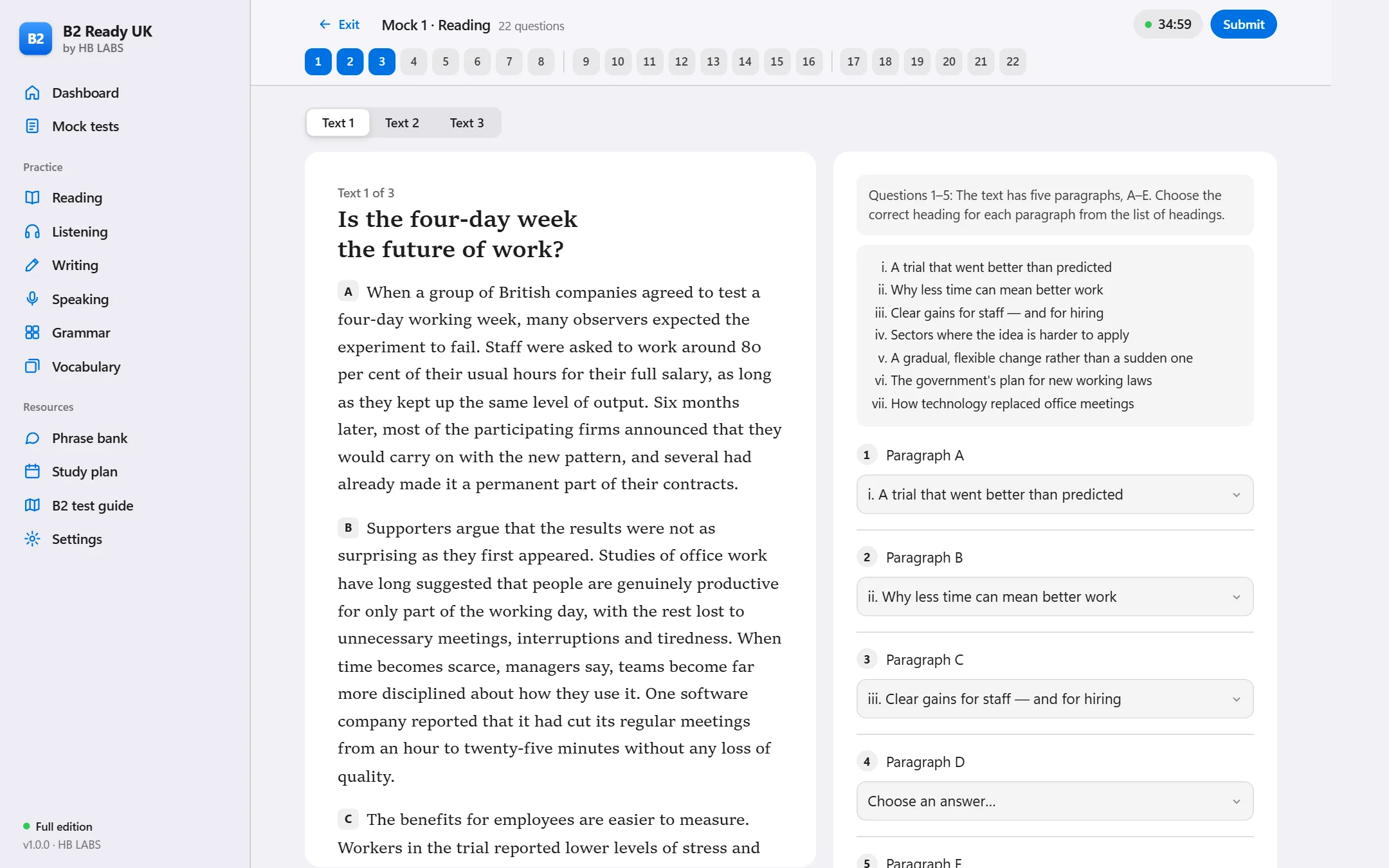 Reading test with passage and questions side by side