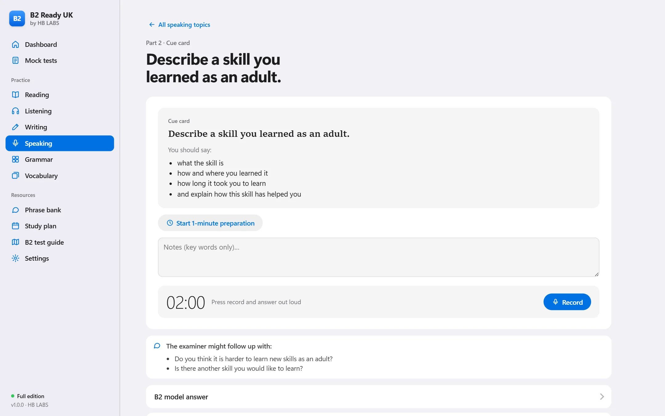 Speaking practice with cue card and recorder