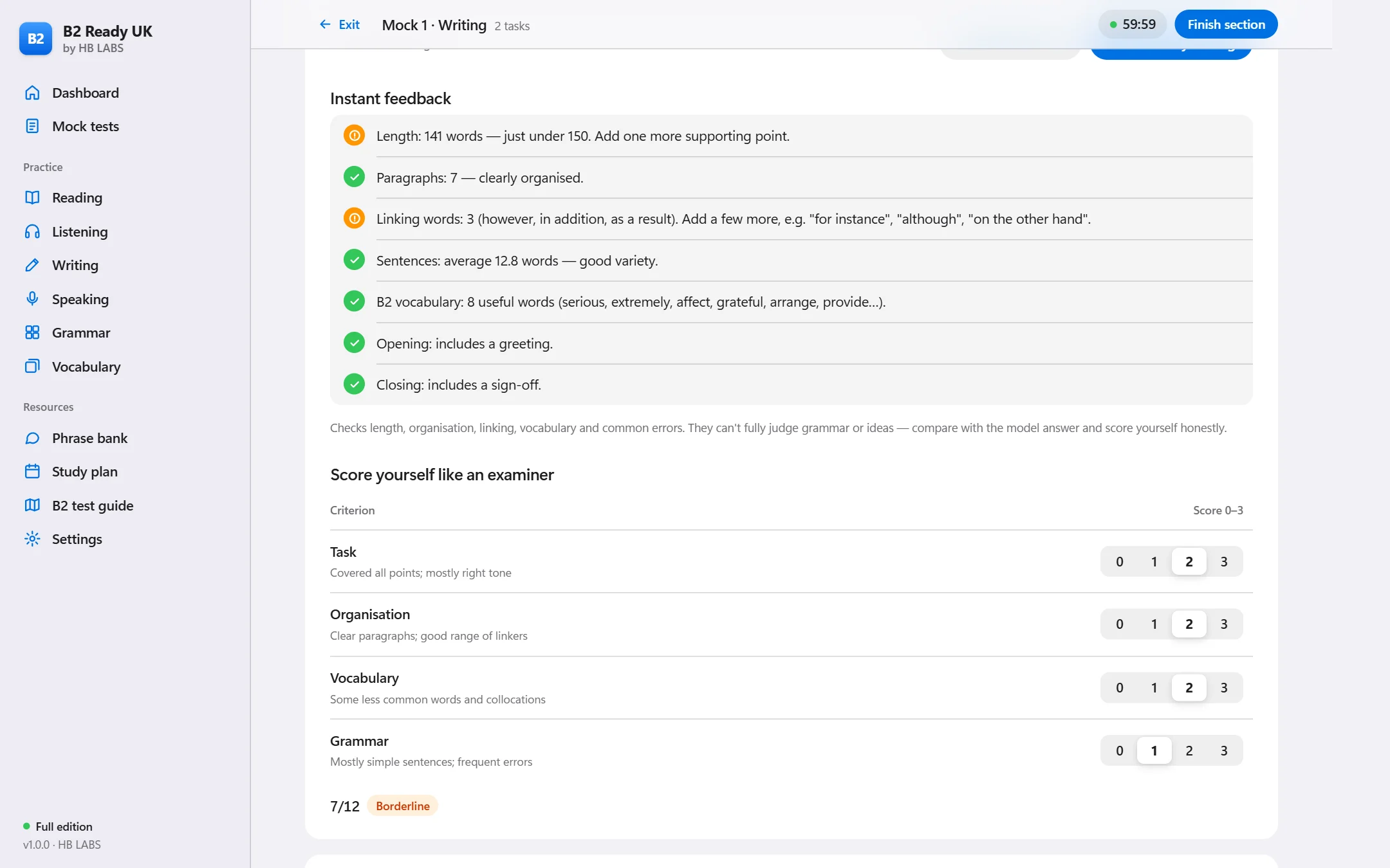 Instant writing feedback with checks and examiner-style scoring