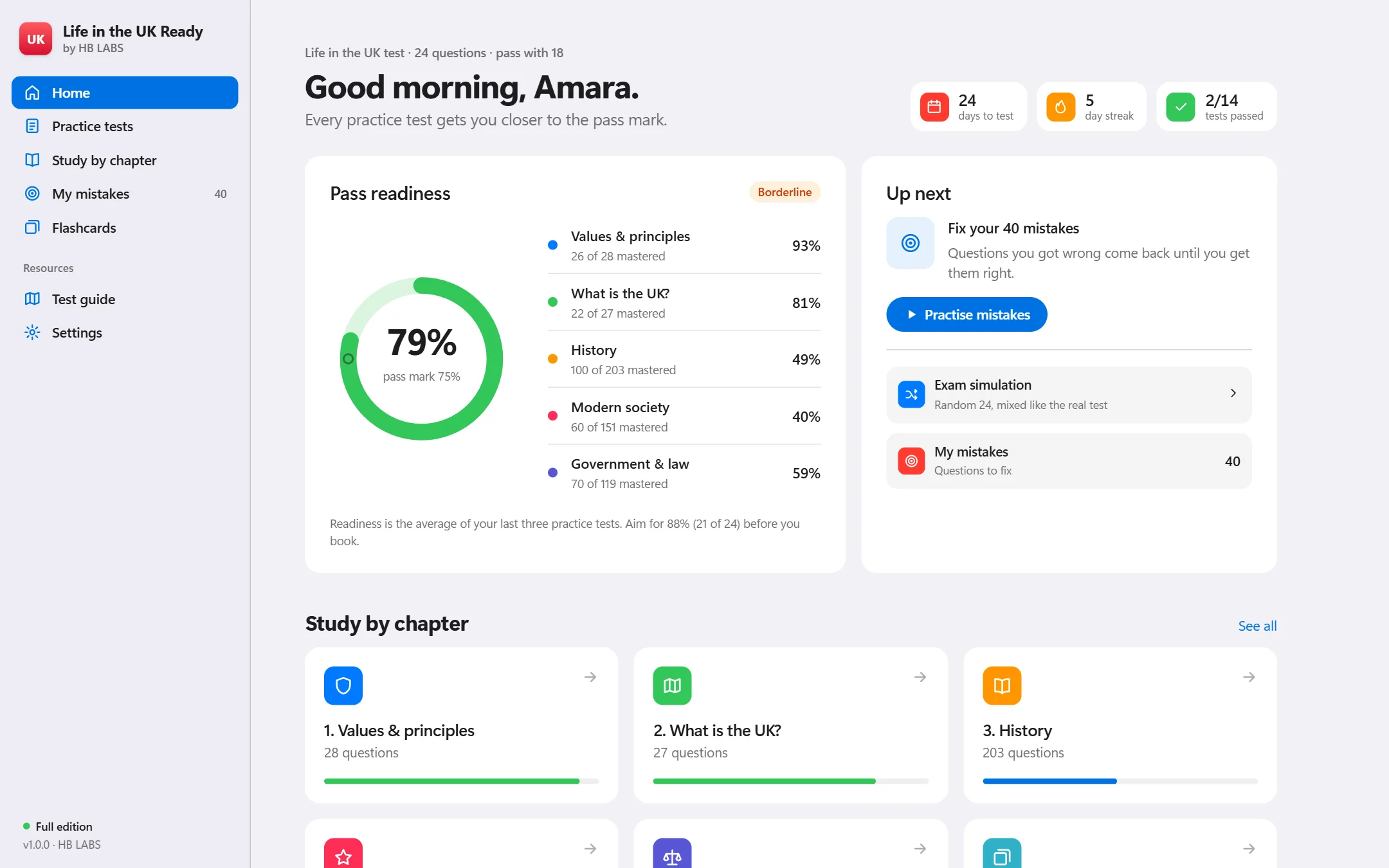 Life in the UK Ready dashboard showing pass readiness and chapter progress