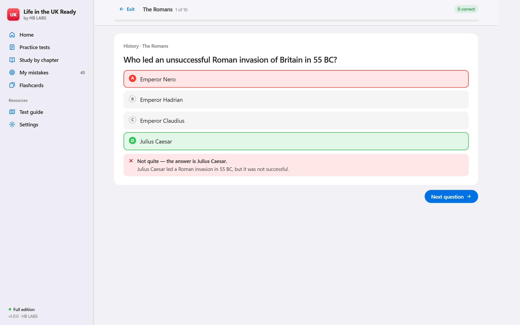 Study mode with instant feedback and explanation