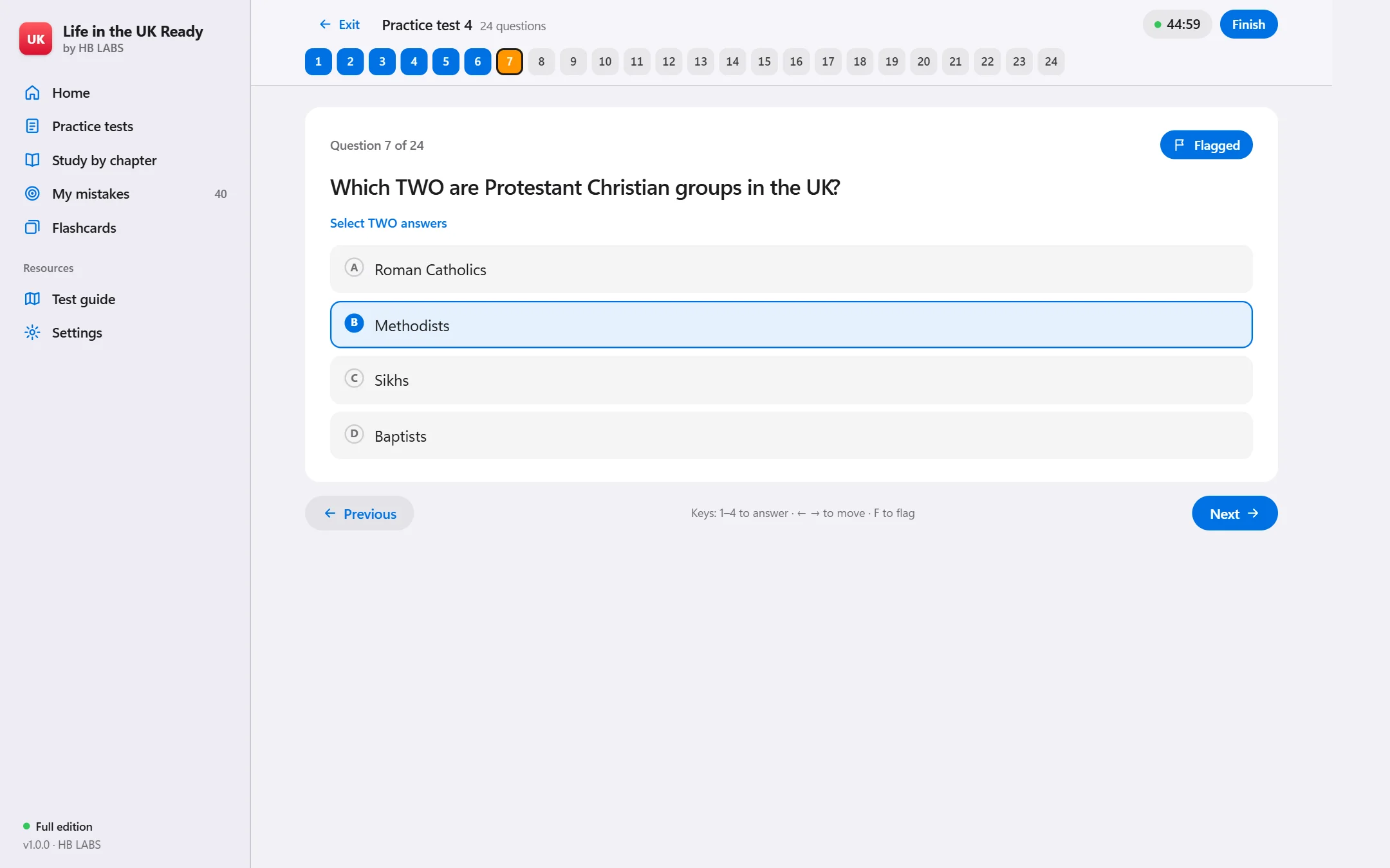 Practice test question with navigator and timer